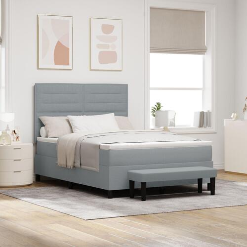 Box Spring Seng med Madras & Bænk Lysegrå 140x200 cm Stof