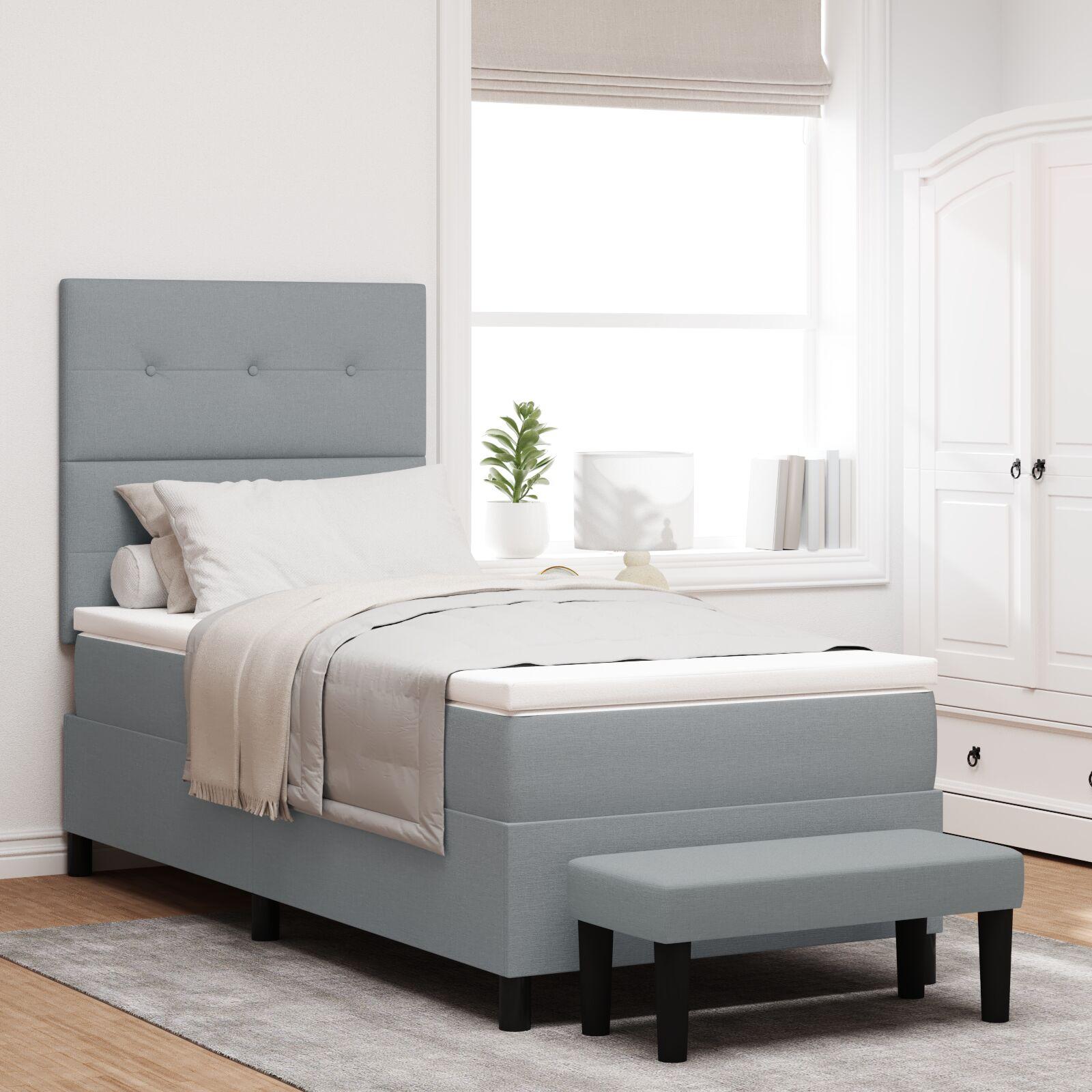 Box Spring Seng med Madras & Bænk Lys Grå 90x200 cm Stof
