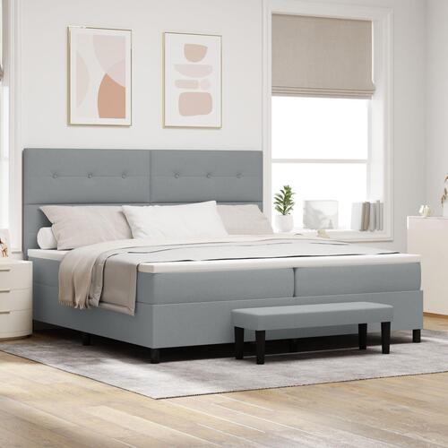 Boxspring seng med madras & bænk lysegrå 200x200 cm stof