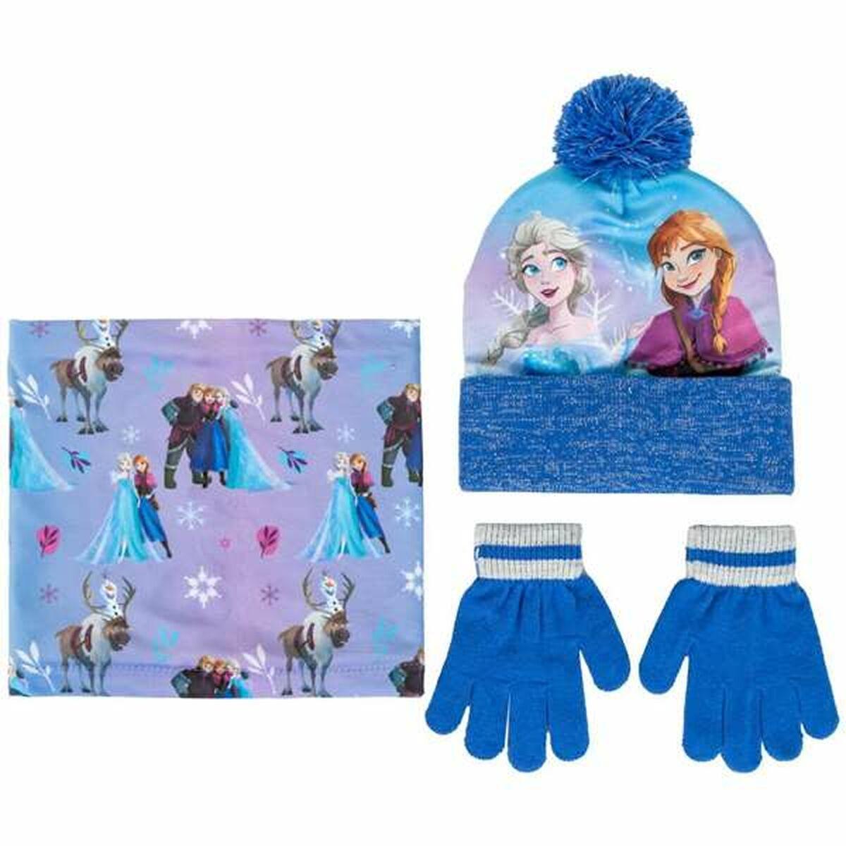 Frozen hat, halstørklæde (snood) og vanter - blå, 3 dele (2-8 år)