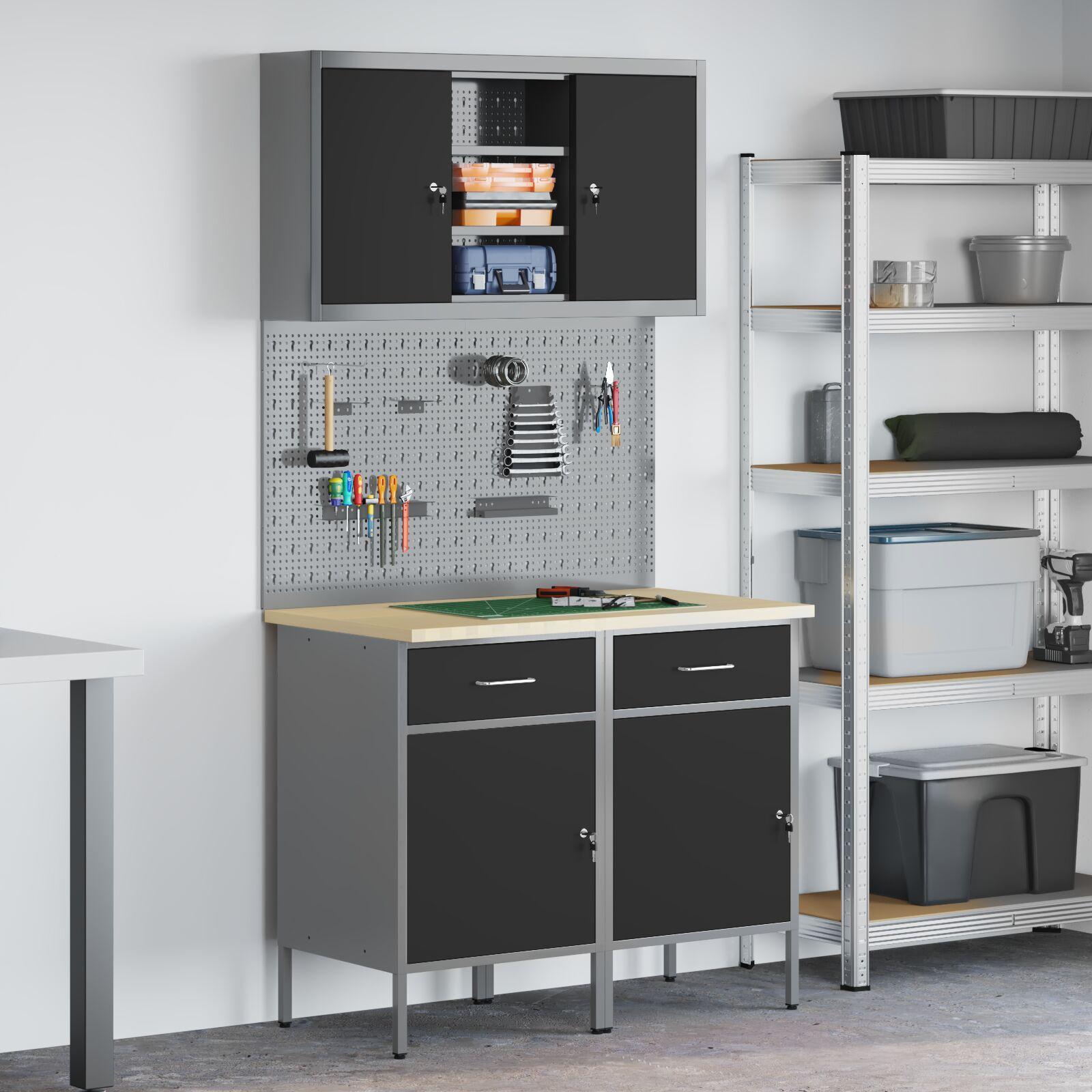 Arbejdsbord- og skabssæt med skuffer, låse og pegboard - 8 dele, grå billede