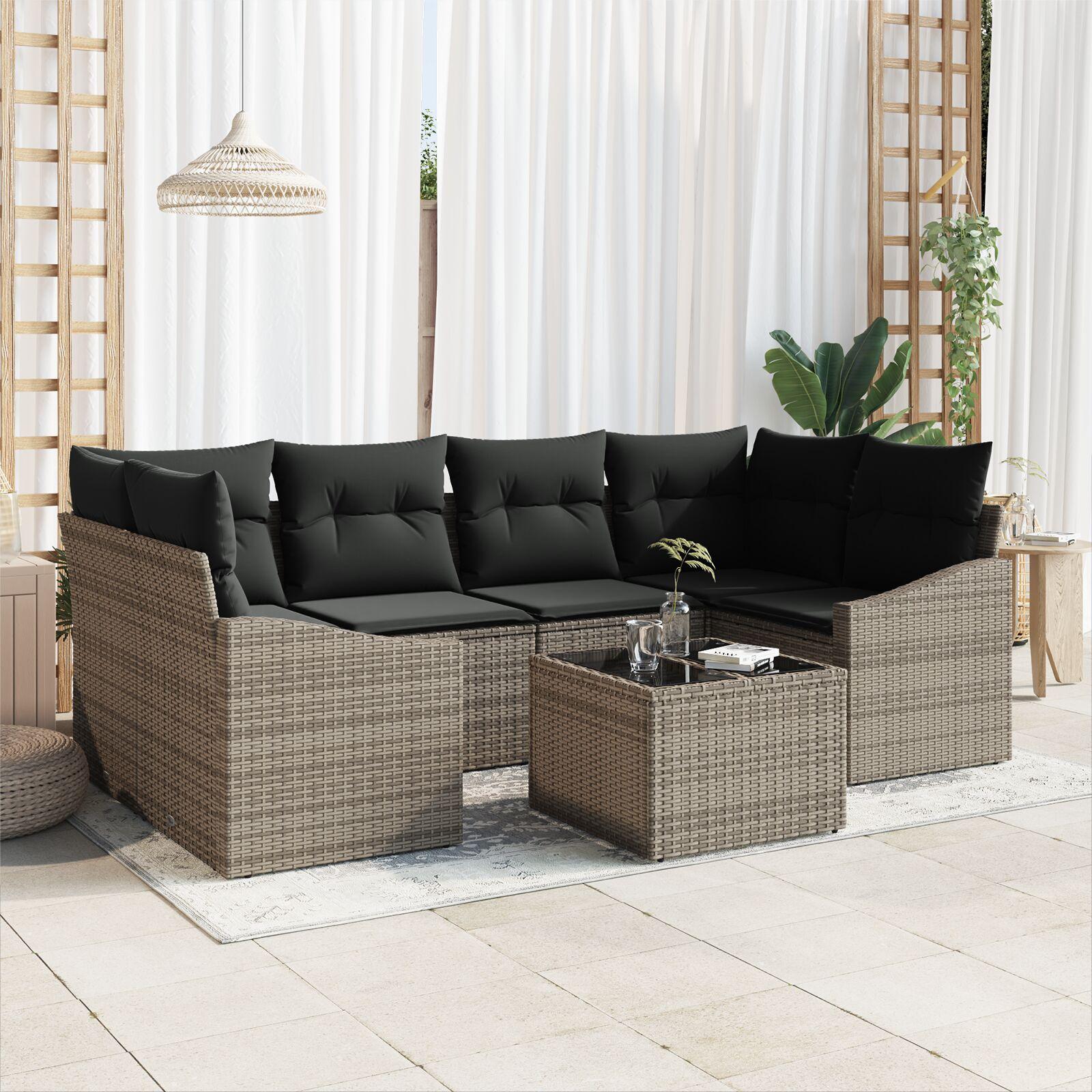 Havesofa Sæt med pude 7 stk Grå Polyrattan og stål og glas billede