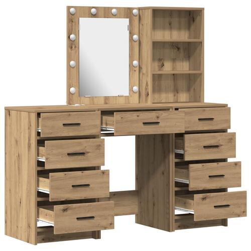 3-Stykker Sminkebord Sæt med LED i Artisan Egetræ Konstrueret Træ