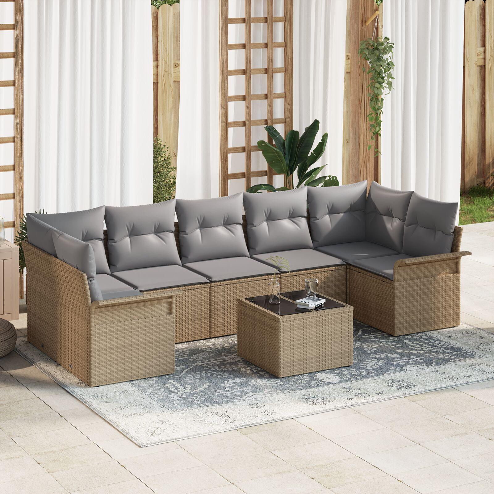 8 Delt Have Sofa Sæt med Puder Beige Poly Rattan