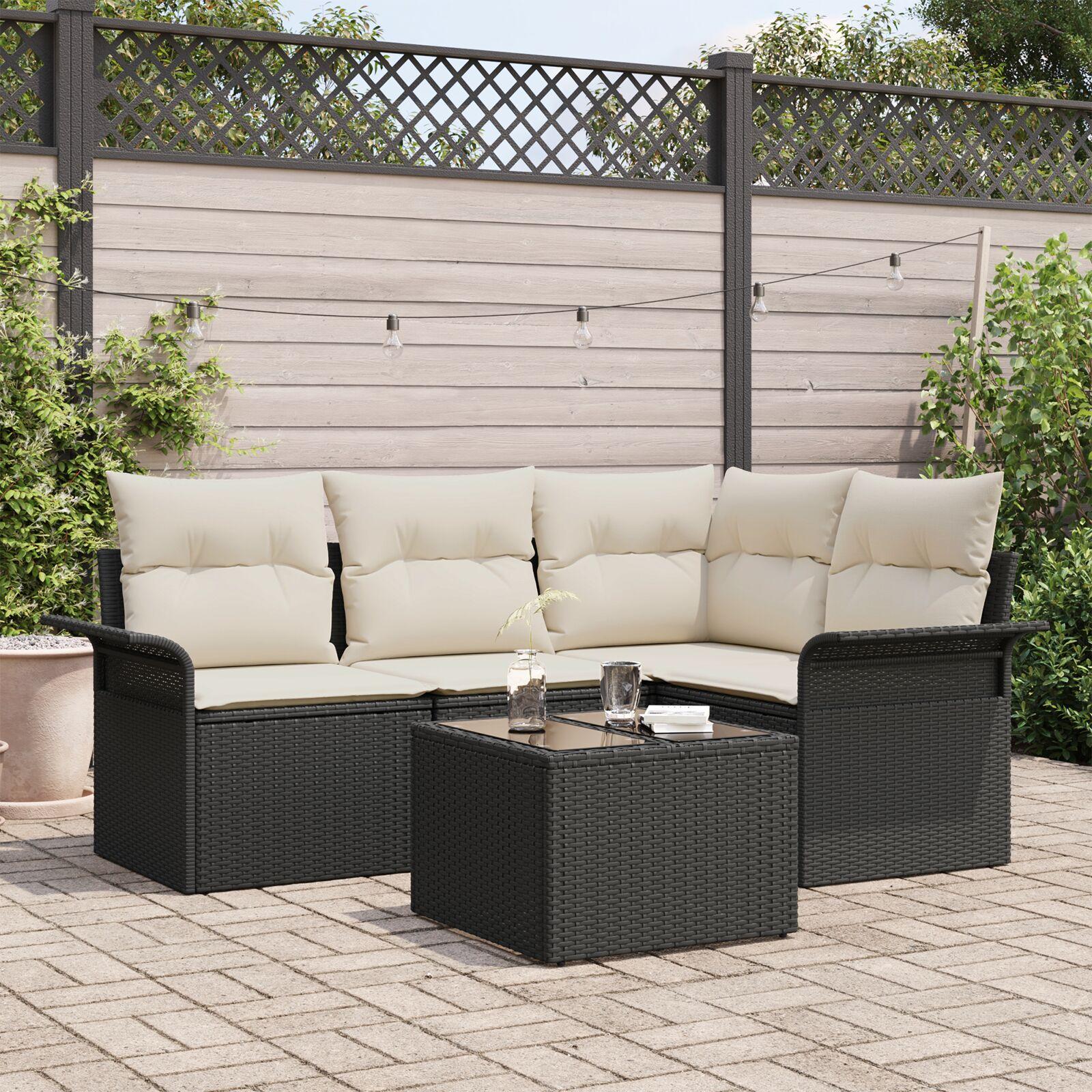 Havesofa Sæt med pude 5 stk Sort Poly rattan billede