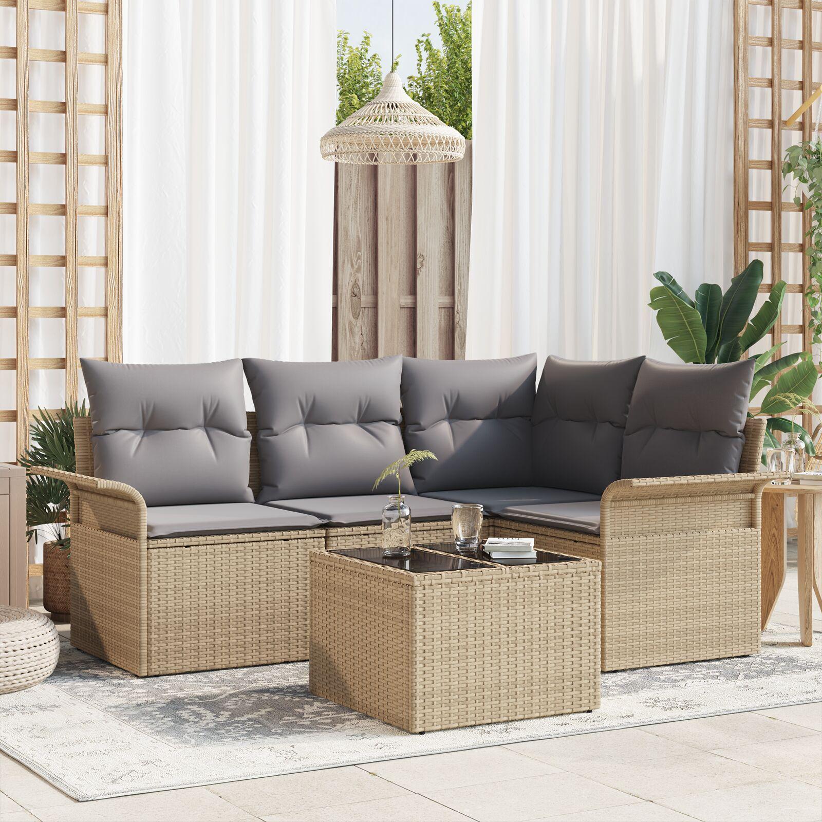 Havesofa Sæt med pude 5 stk Beige Poly rattan billede