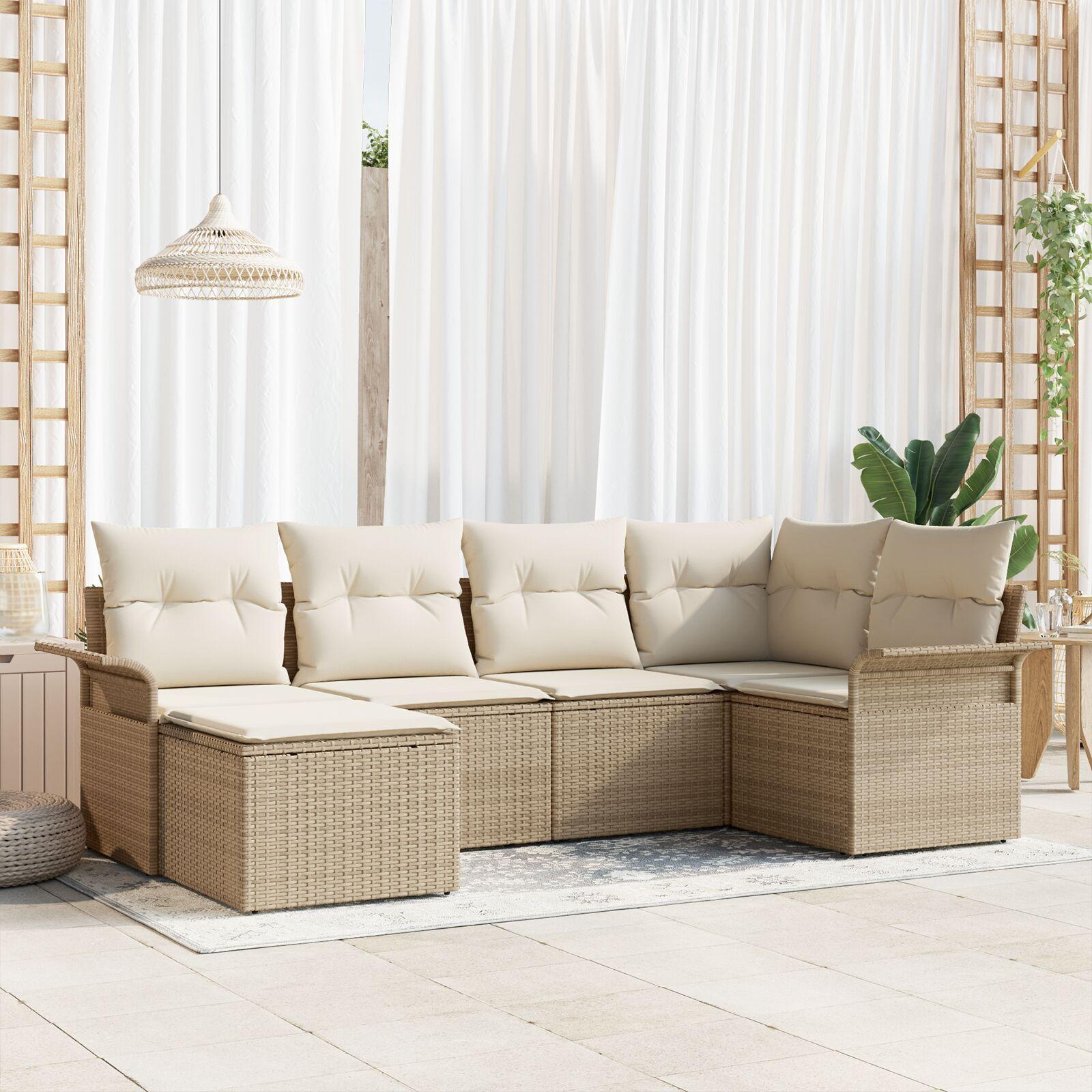 6 Stk Have Sofa Sæt med Puder Beige Poly Rattan