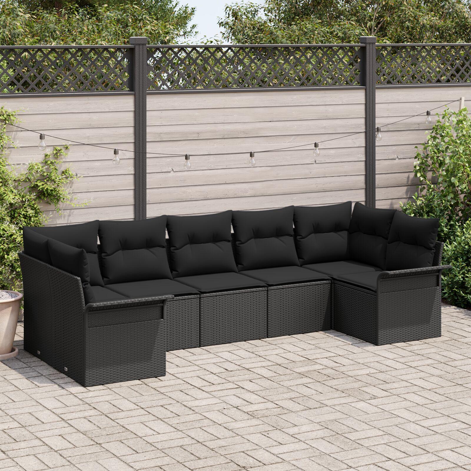 Havesofa Sæt med pude 7 stk Sort Poly rattan billede