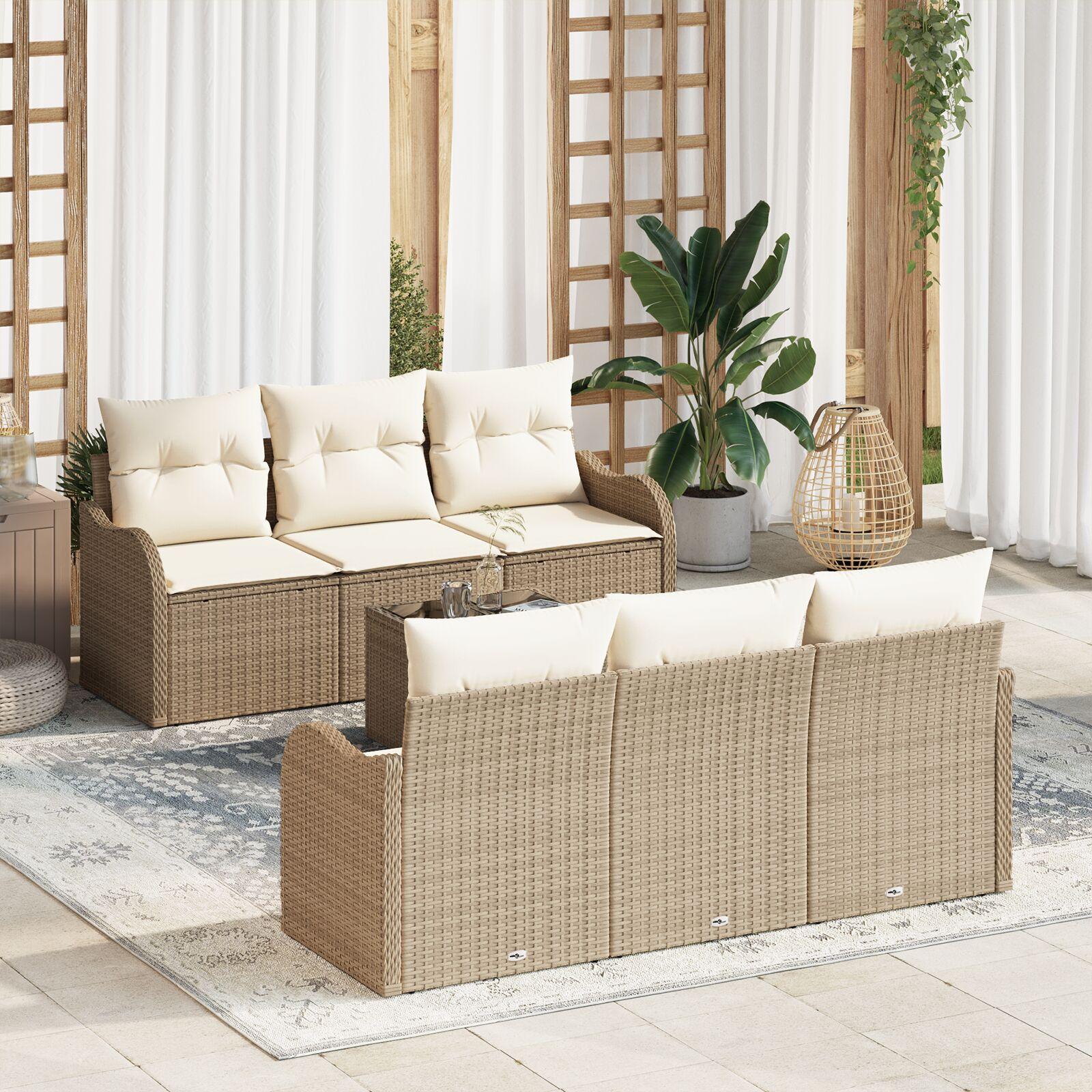 7 Delt Have Sofa Sæt med Puder Beige Poly Rattan