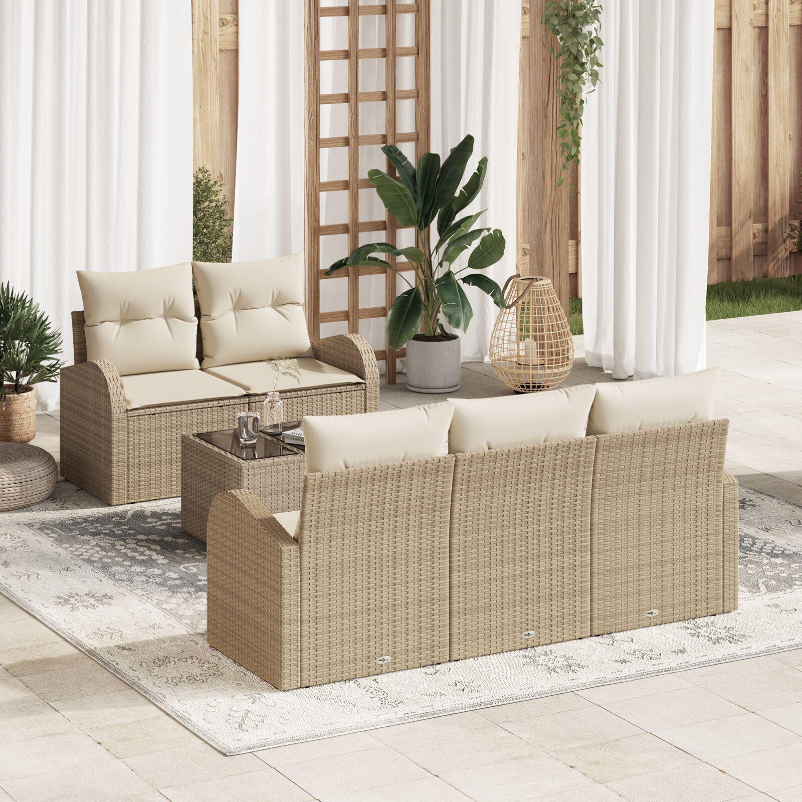6 Stykker Have Sofa Sæt med Puder Beige Poly Rattan