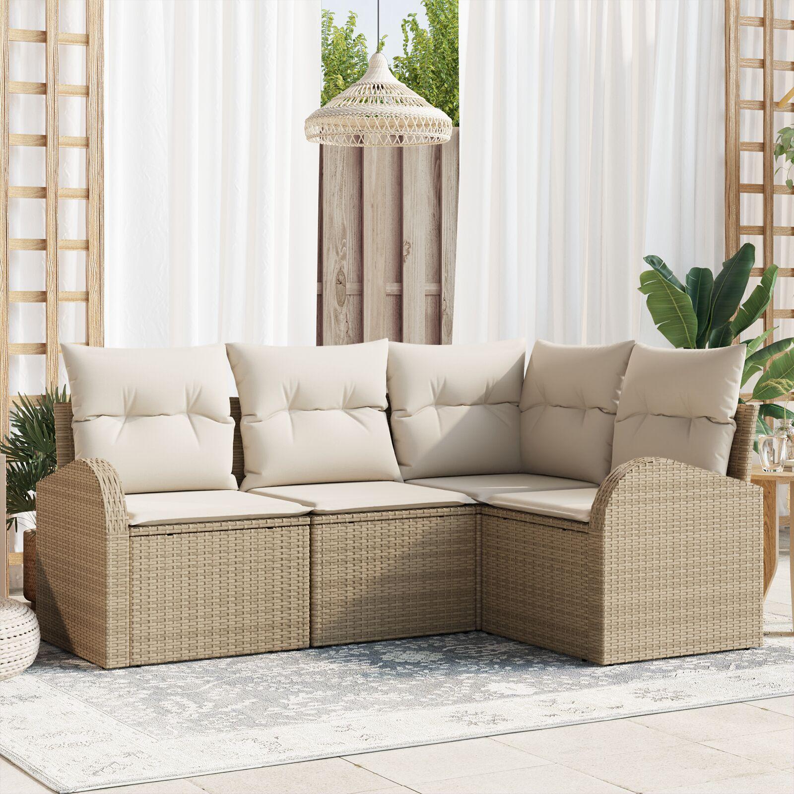 4 Delt Havesofa Sæt med Puder Beige Poly Rattan