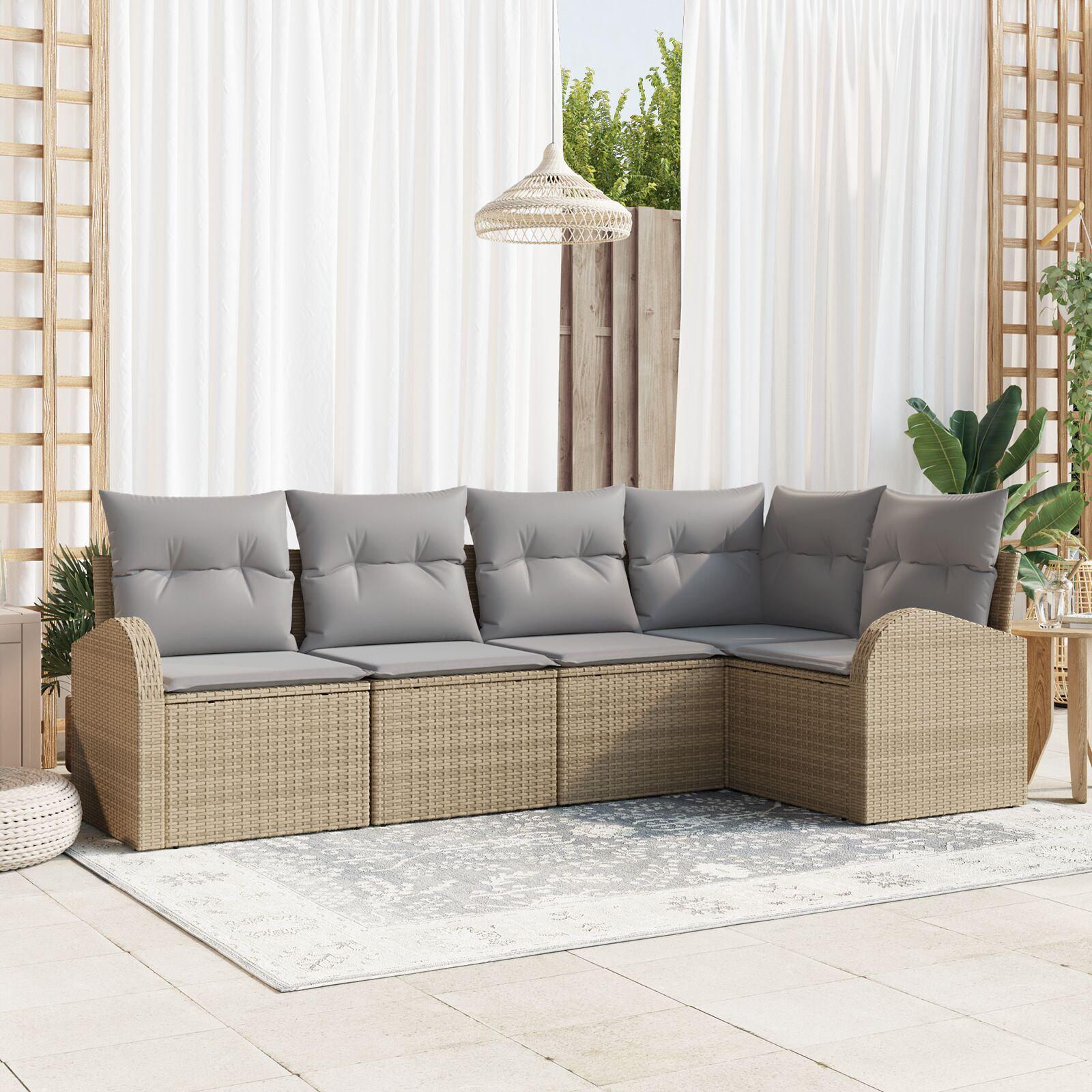5 Delt Have Sofa Sæt med Puder Beige Poly Rattan
