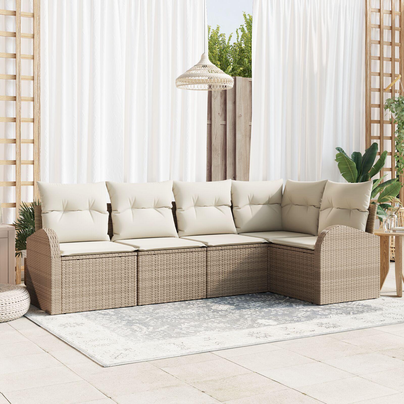 5 Stykke Have Sofa Sæt med Puder - Beige Poly Rattan