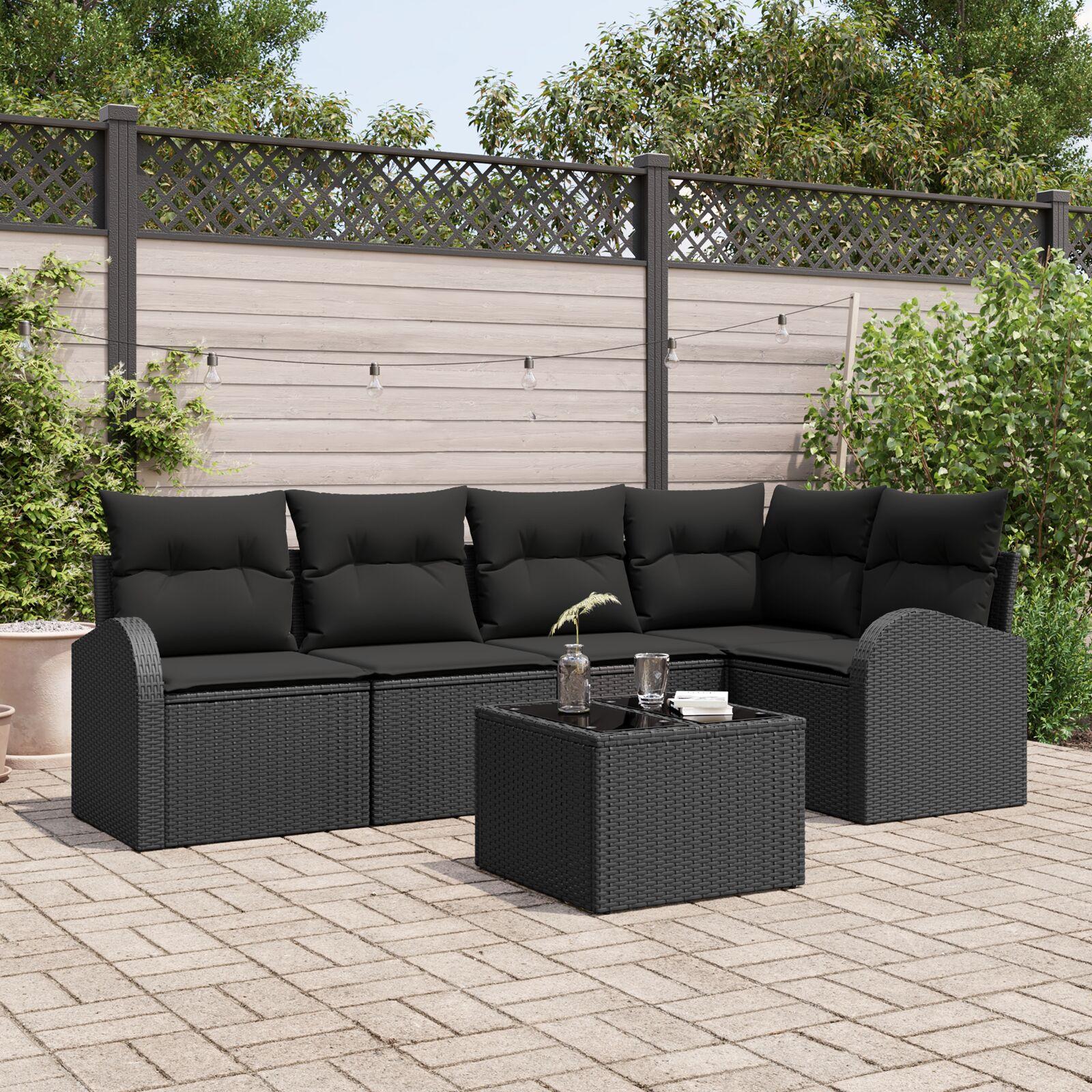 Havesofa Sæt med pude 6 stk Sort Poly rattan billede