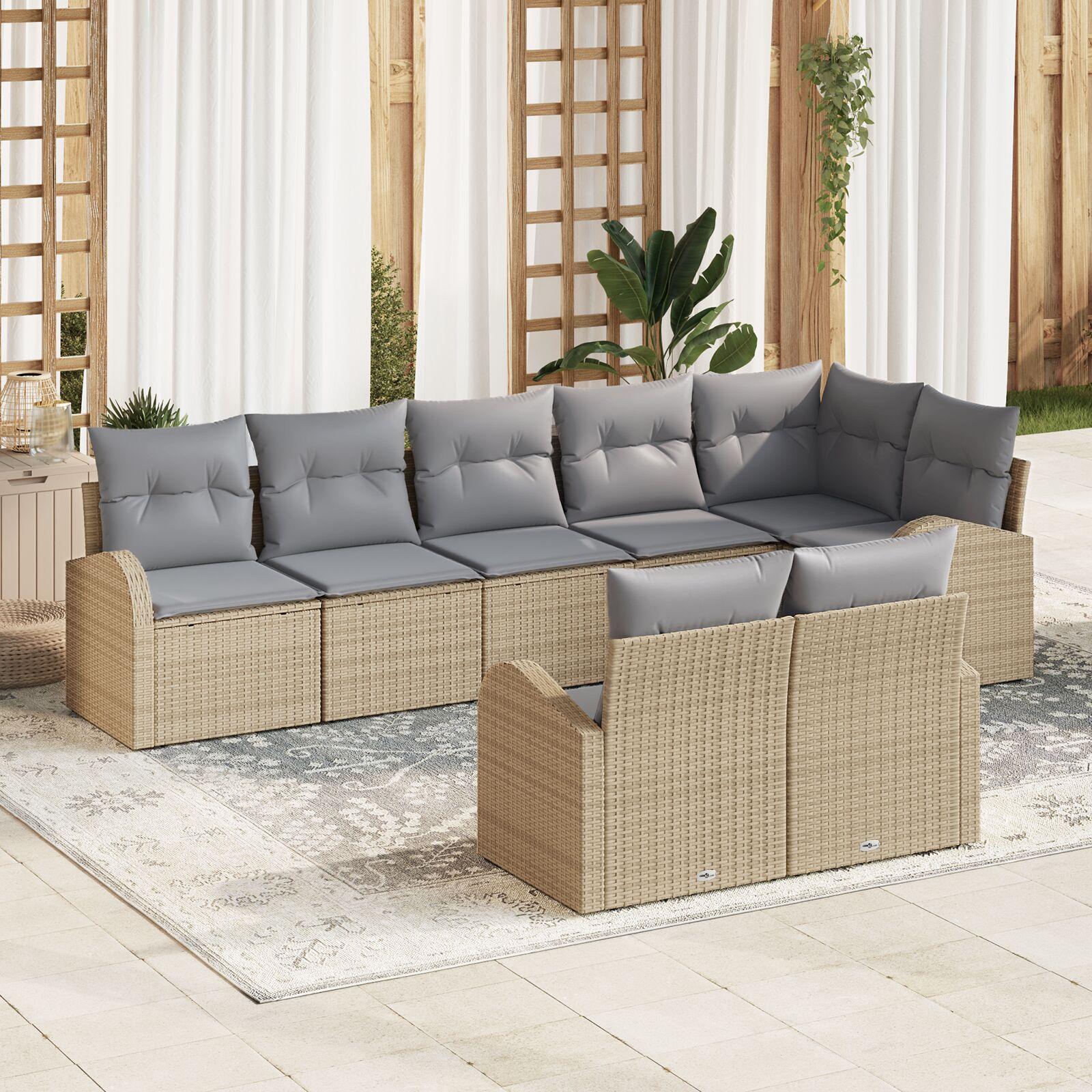 8 Delt Havesofa Sæt med Hynder Beige Poly Rattan