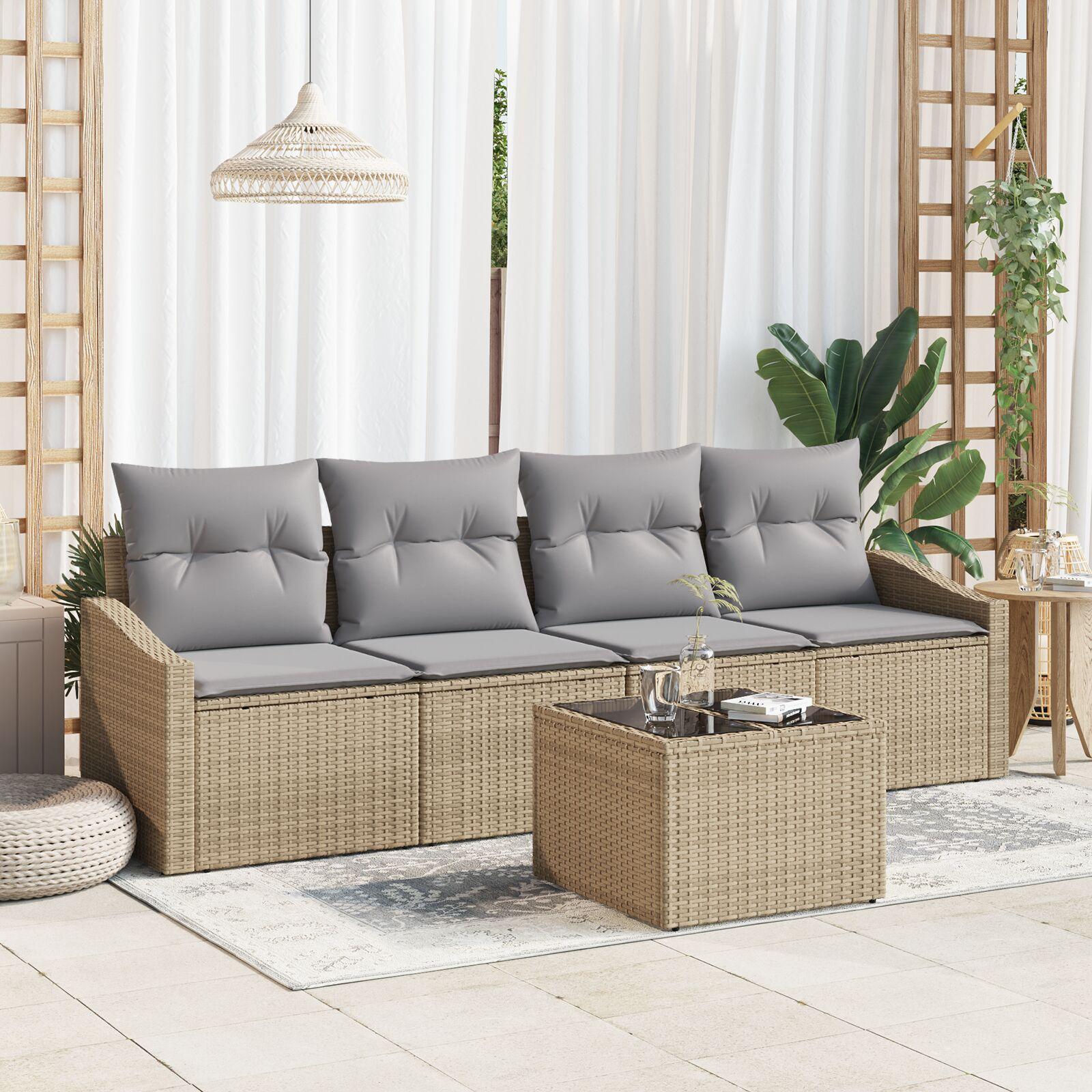 5 Piece Garden Sofa Set med puder Beige Poly Rattan