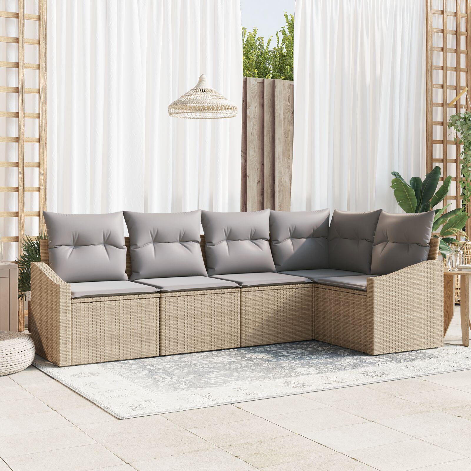 5 Delt Have Sofa Sæt med Puder Beige Poly Rattan