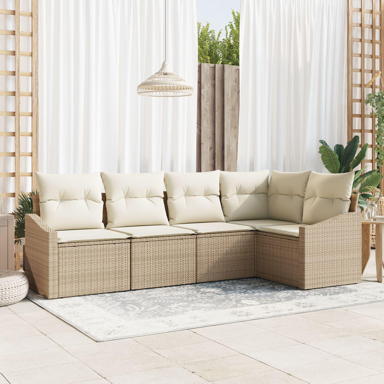 5-delt Have Sofa Sæt med Puder Beige Poly Rattan