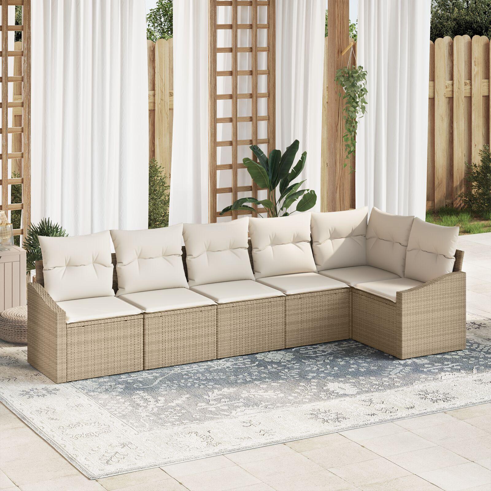 6-delt Have Sofa Set med Puder Beige Poly Rattan