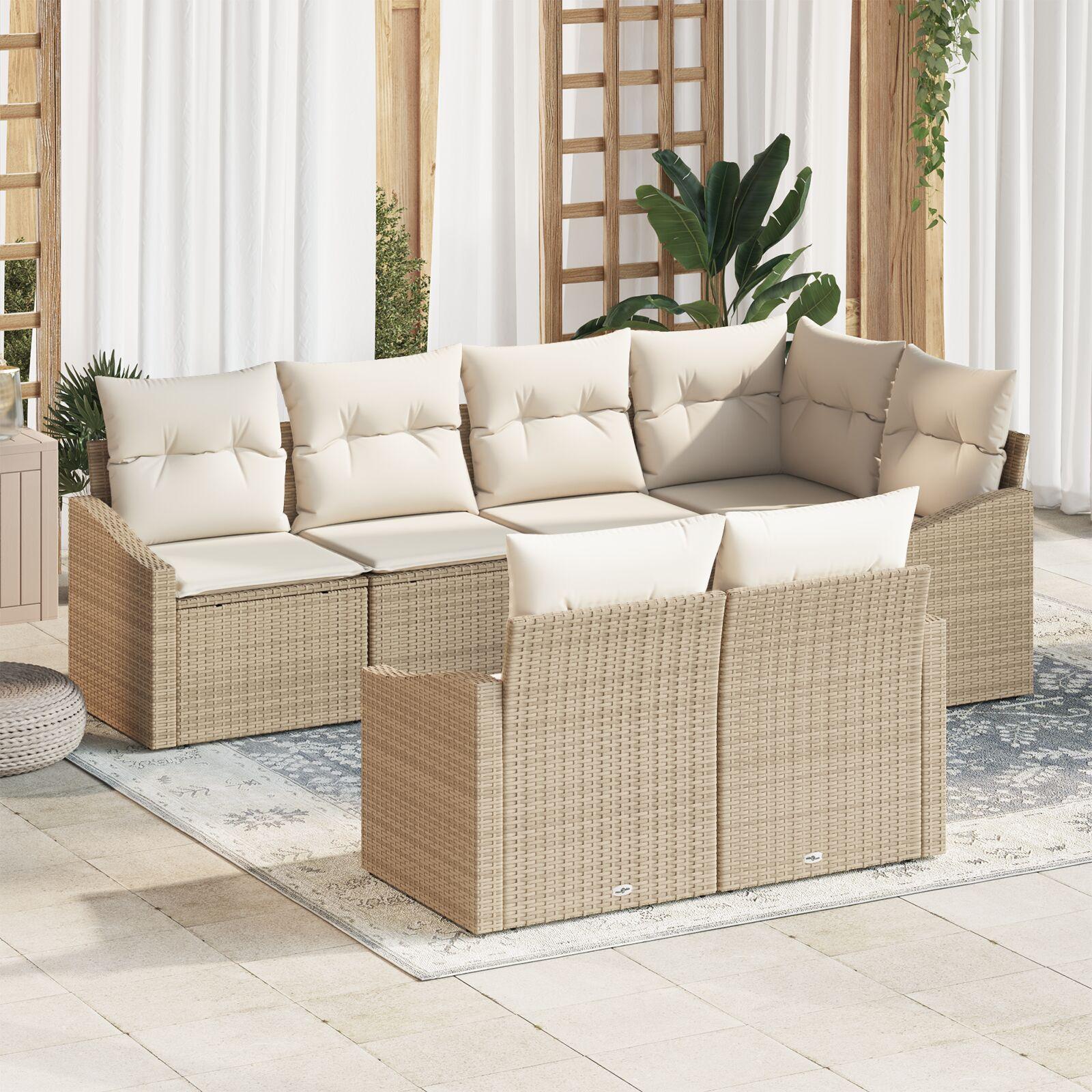 7 dele Have Sofa Sæt med Hynder Beige Poly Rattan