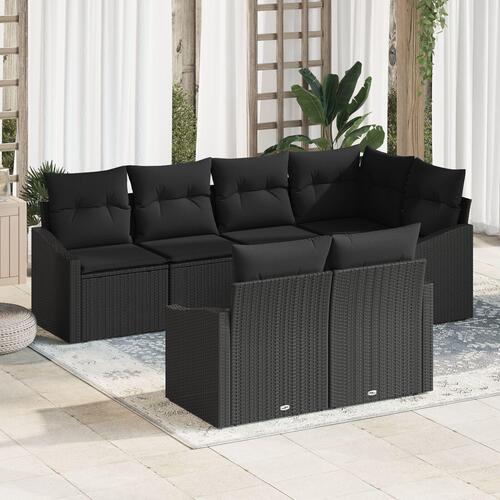 7-delte Havesofa Sæt med Puder Sort Poly Rattan