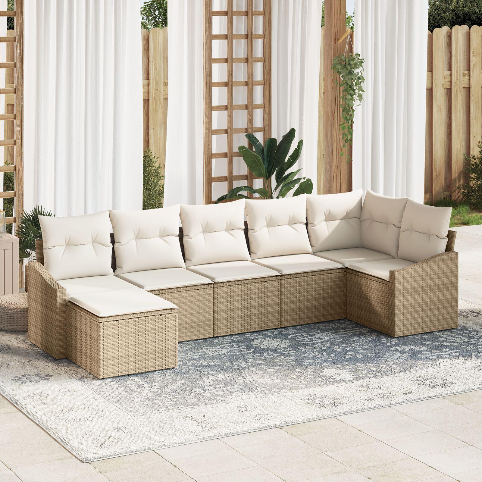 7 Delers Have Sofa Sæt med Puder Beige Poly Rattan