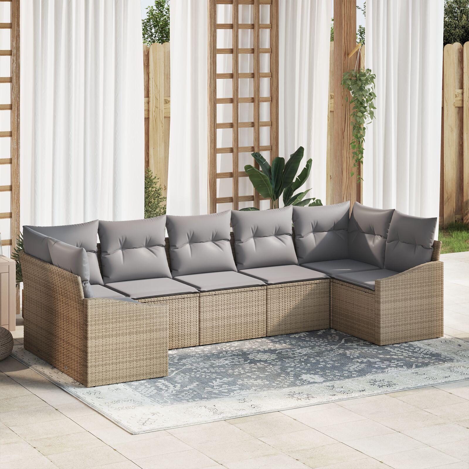 7 Delers Havesofa Sæt med Hynder Beige Poly Rattan