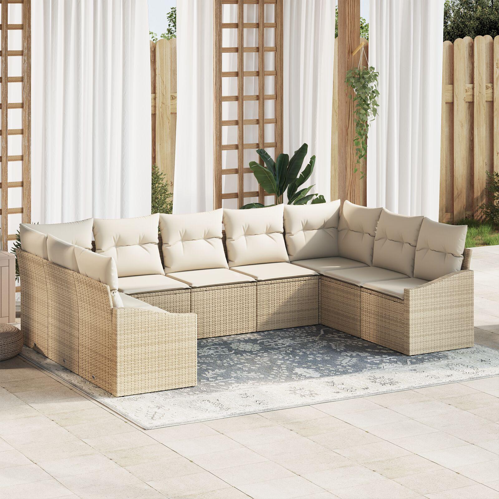 9 Piece Garden Sofa Set med puder Beige Poly Rattan