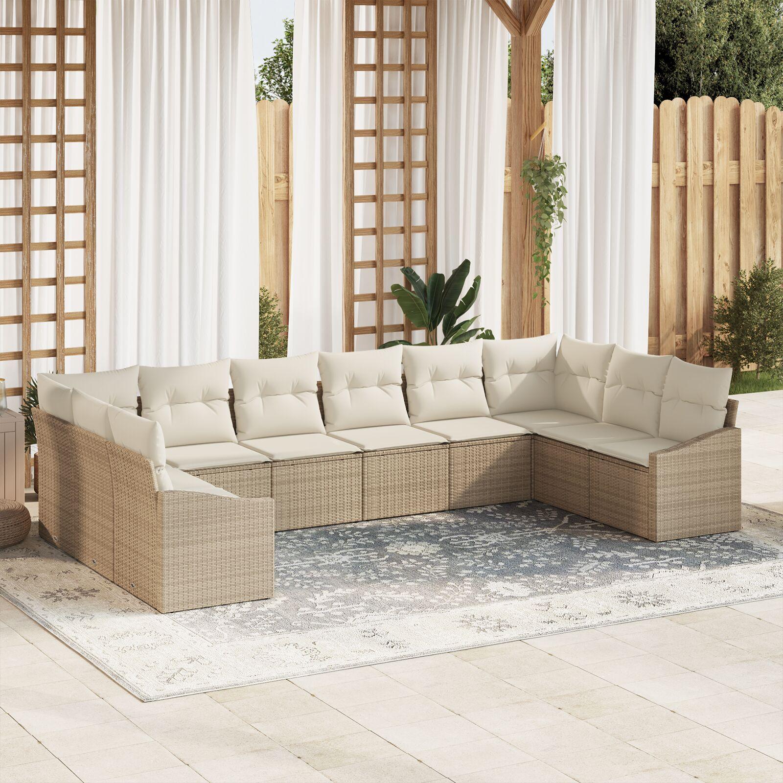 10 Stykke Have Sofa Sæt med Puder Beige Poly Rattan