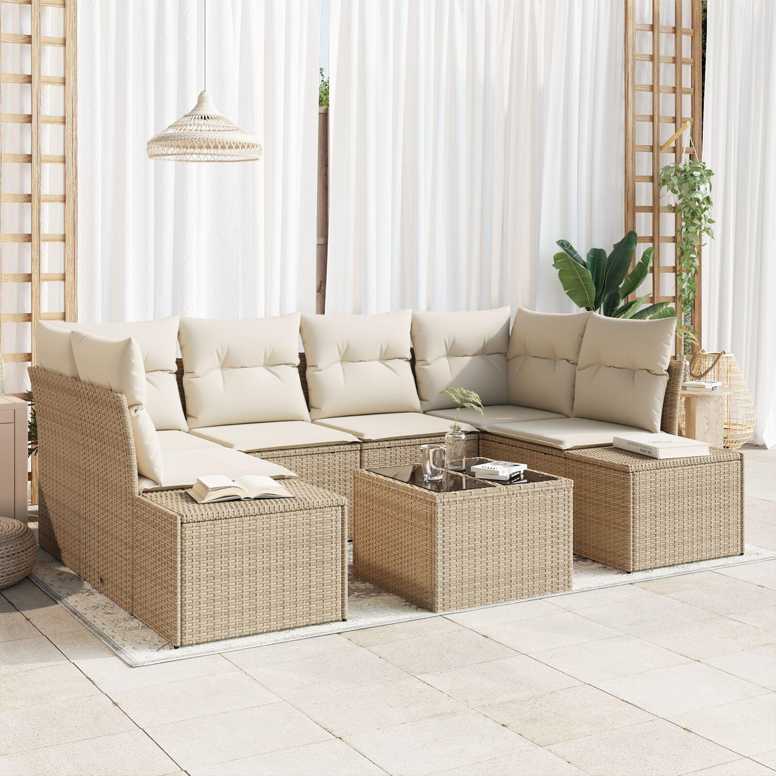 7 Stykke Have Sofa Sæt med Puder Beige Poly Rattan
