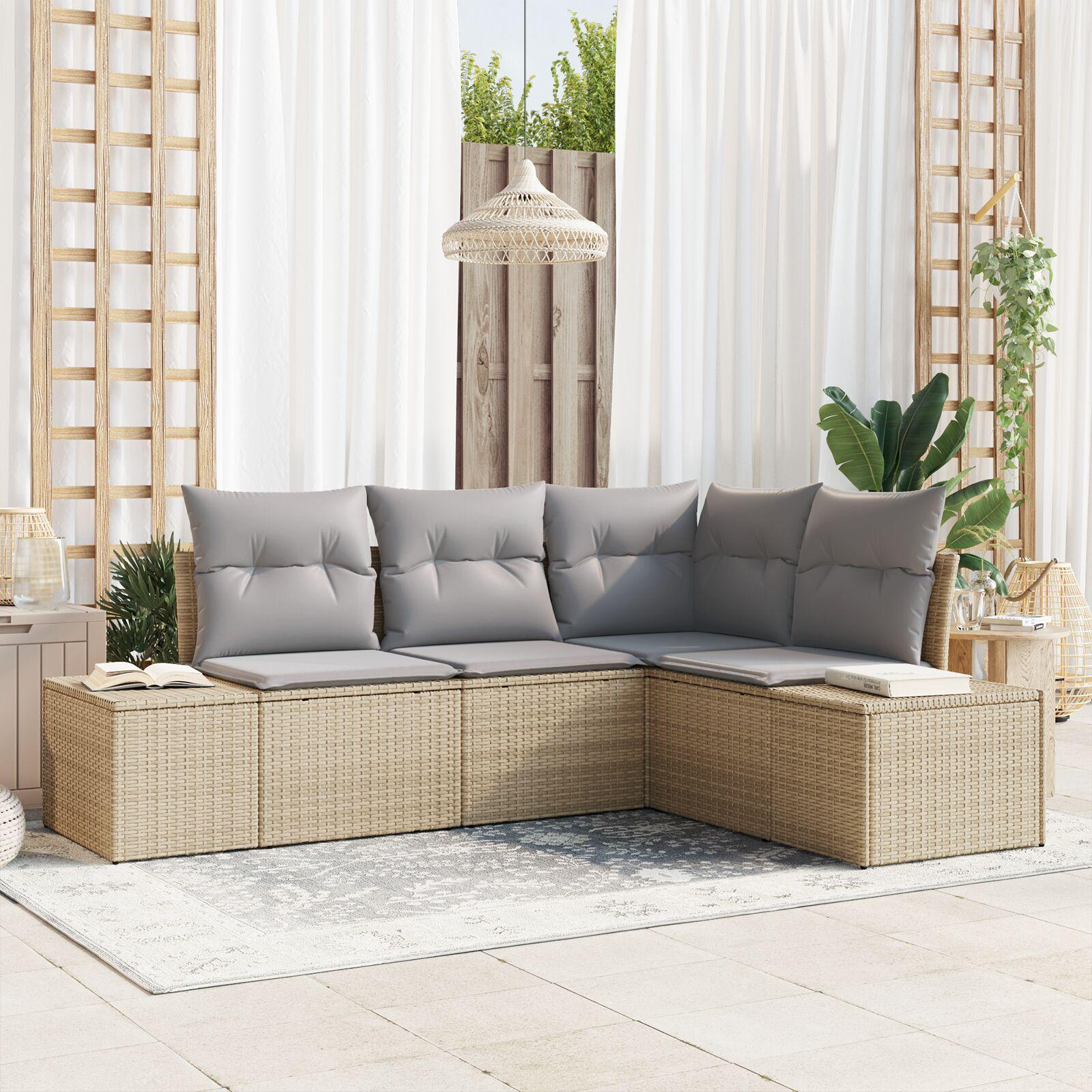 4 Delers Have Sofa Sæt med Puder Beige Poly Rattan