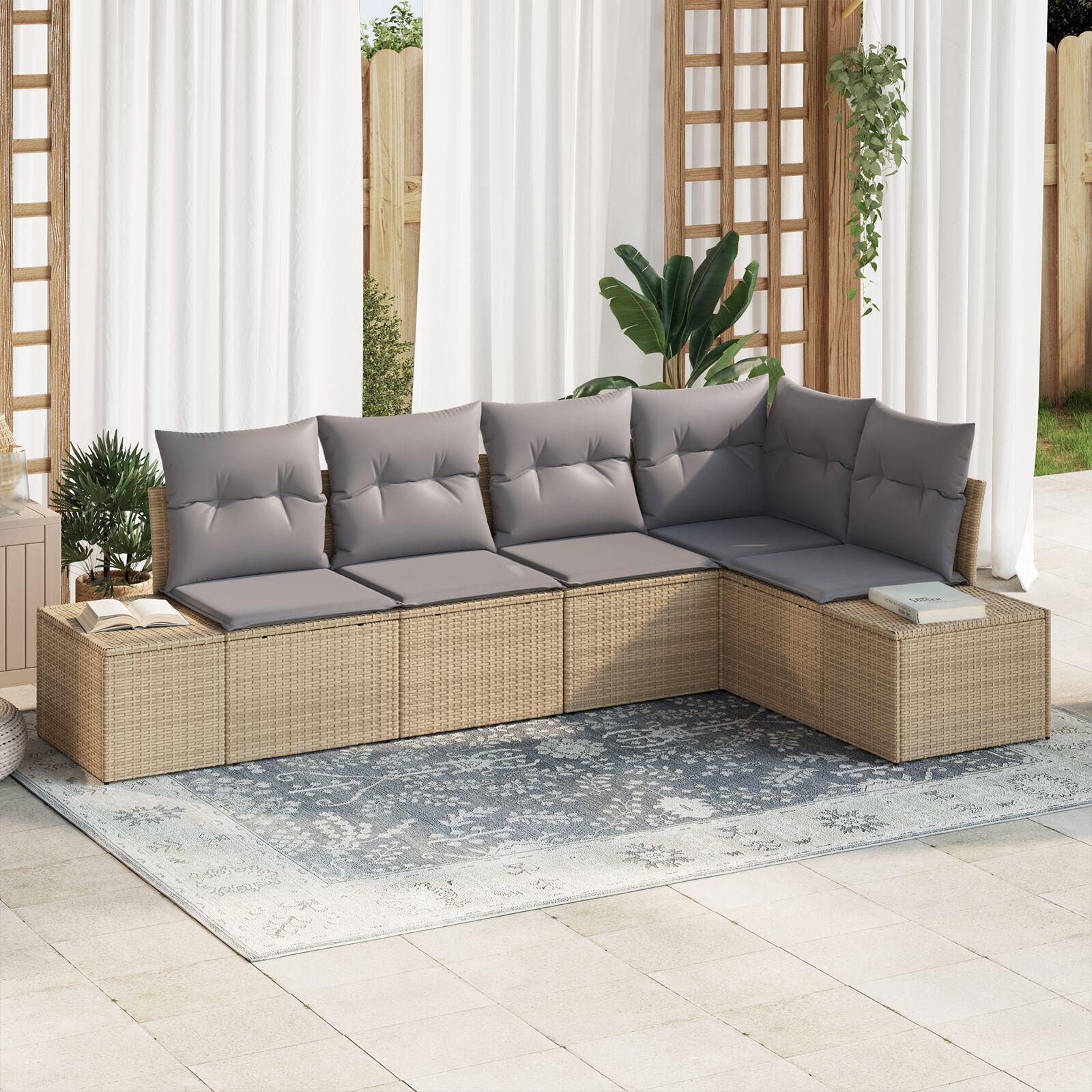 5 Delers Havensofa Sæt med Hynder Beige Poly Rattan