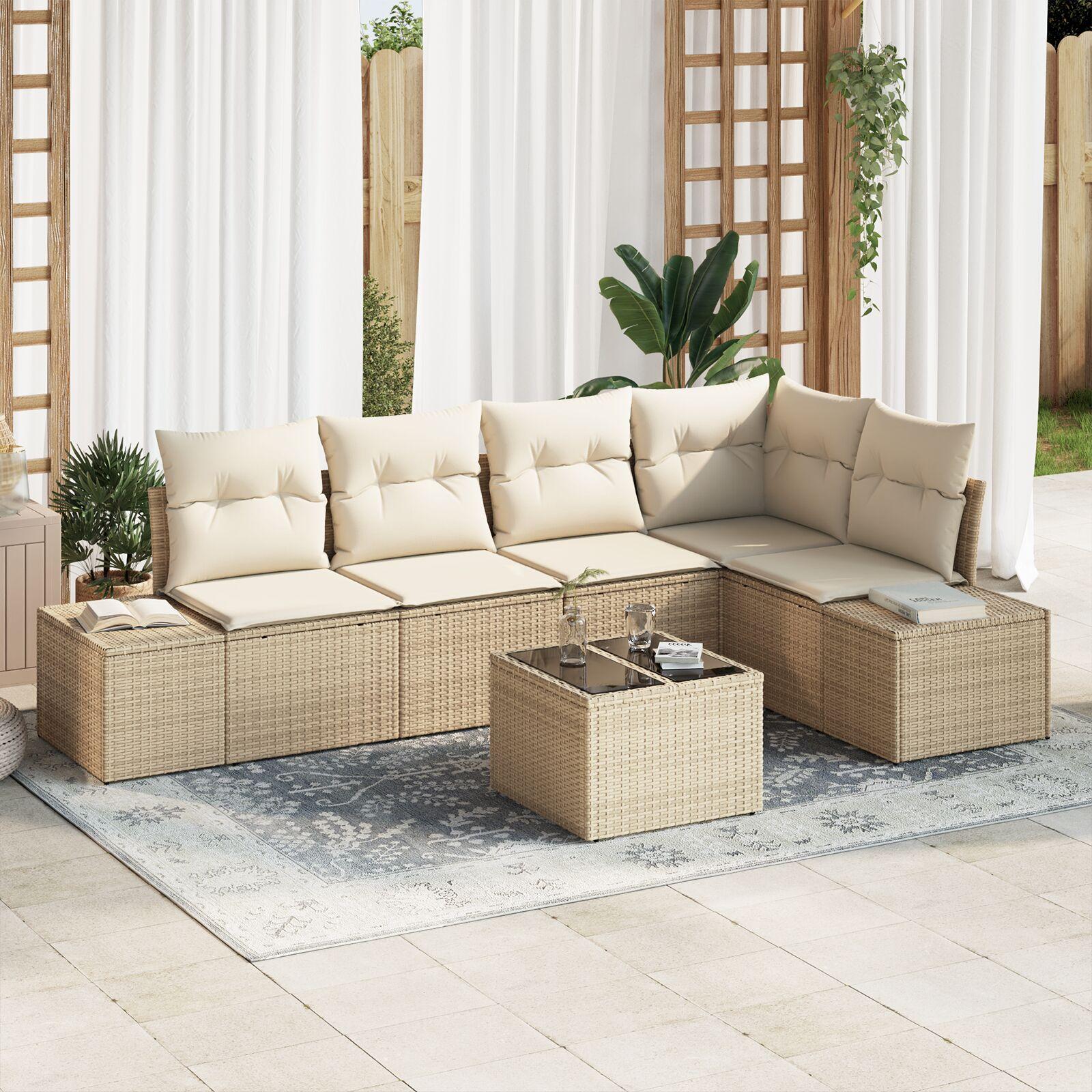 6 Piece Have Sofa Sæt med Puder Brun Poly Rattan