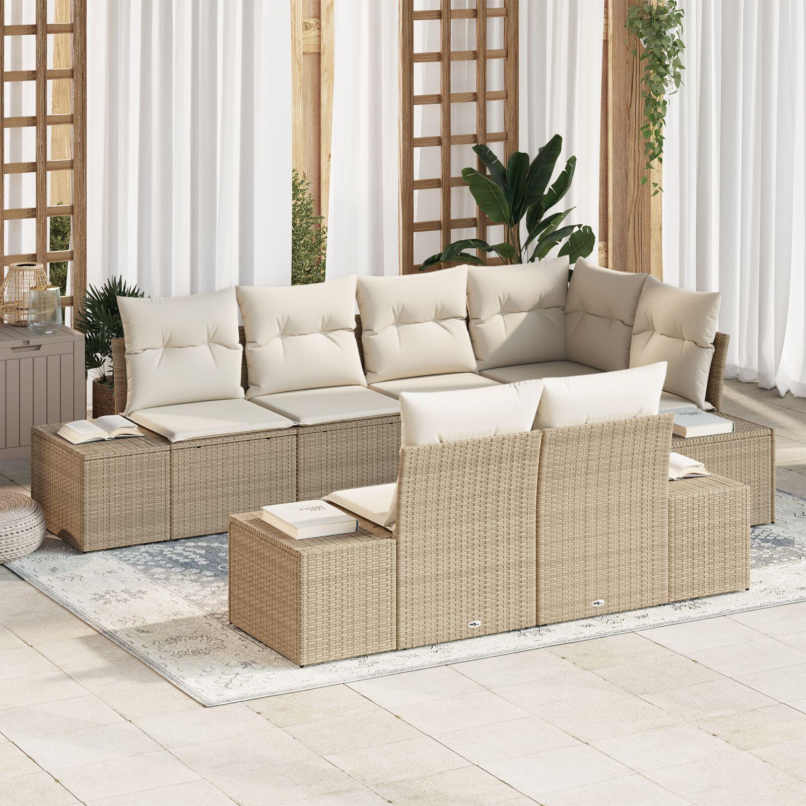 7 Styk Havesofa Sæt med Puder Beige Poly Rattan