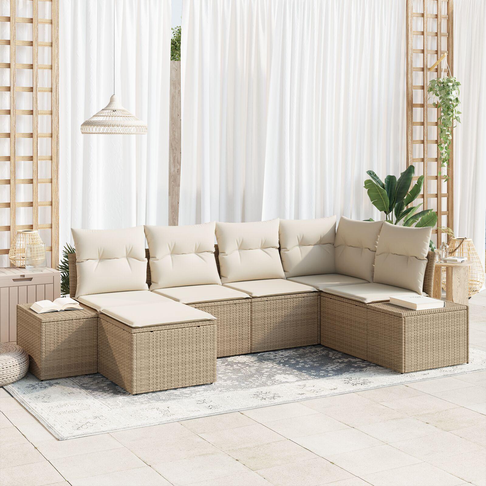 6-delers Havesofa Sæt med Hynder - Beige Poly Rattan