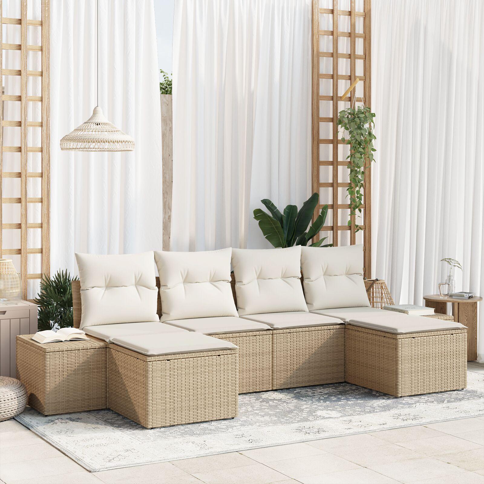 6 dele havemøbelsæt med puder Beige poly rattan