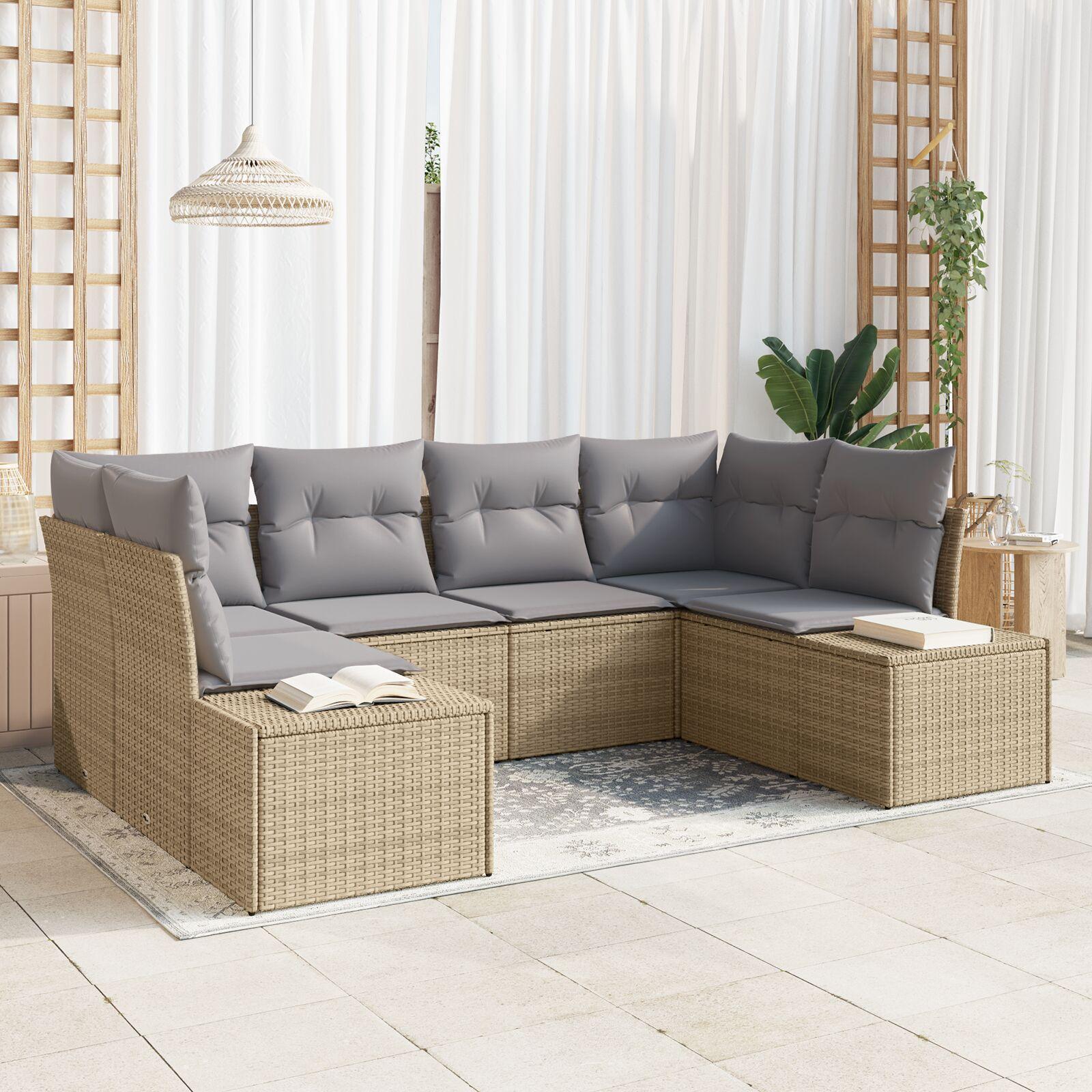 6 Delers Have Sofa Sæt med Puder Beige Poly Rattan