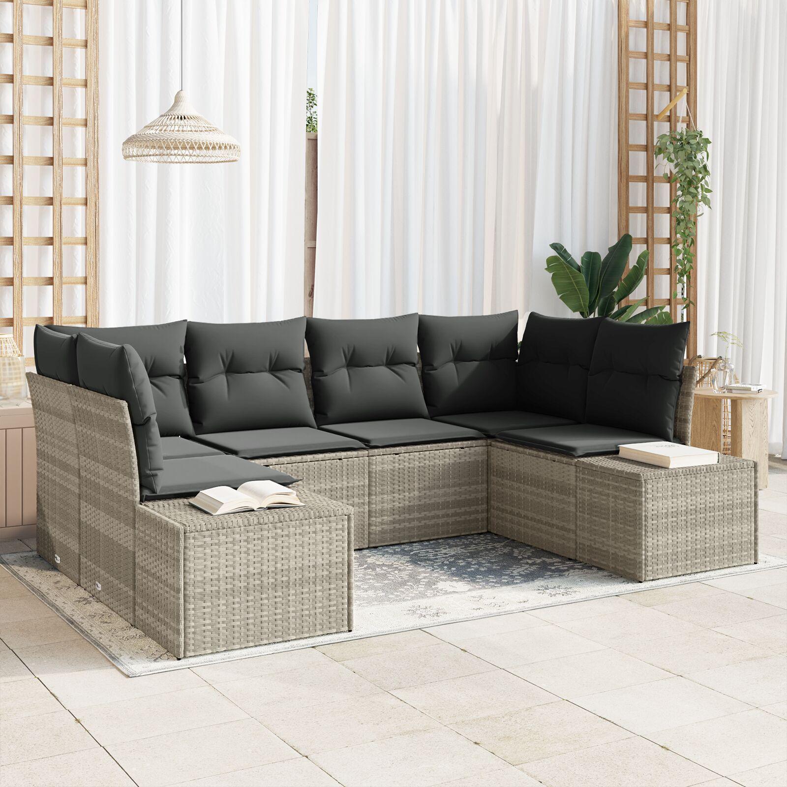 Havesofa Sæt med pude 6 stk Lysegrå Poly rattan billede