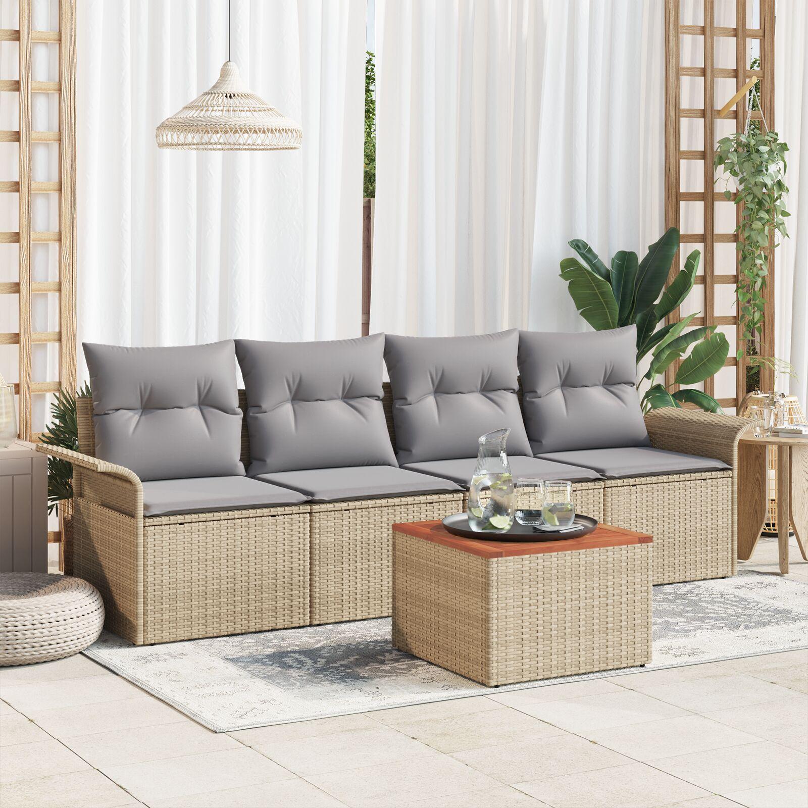 5-delt Have Sofa Sæt med Puder Beige Poly Rattan