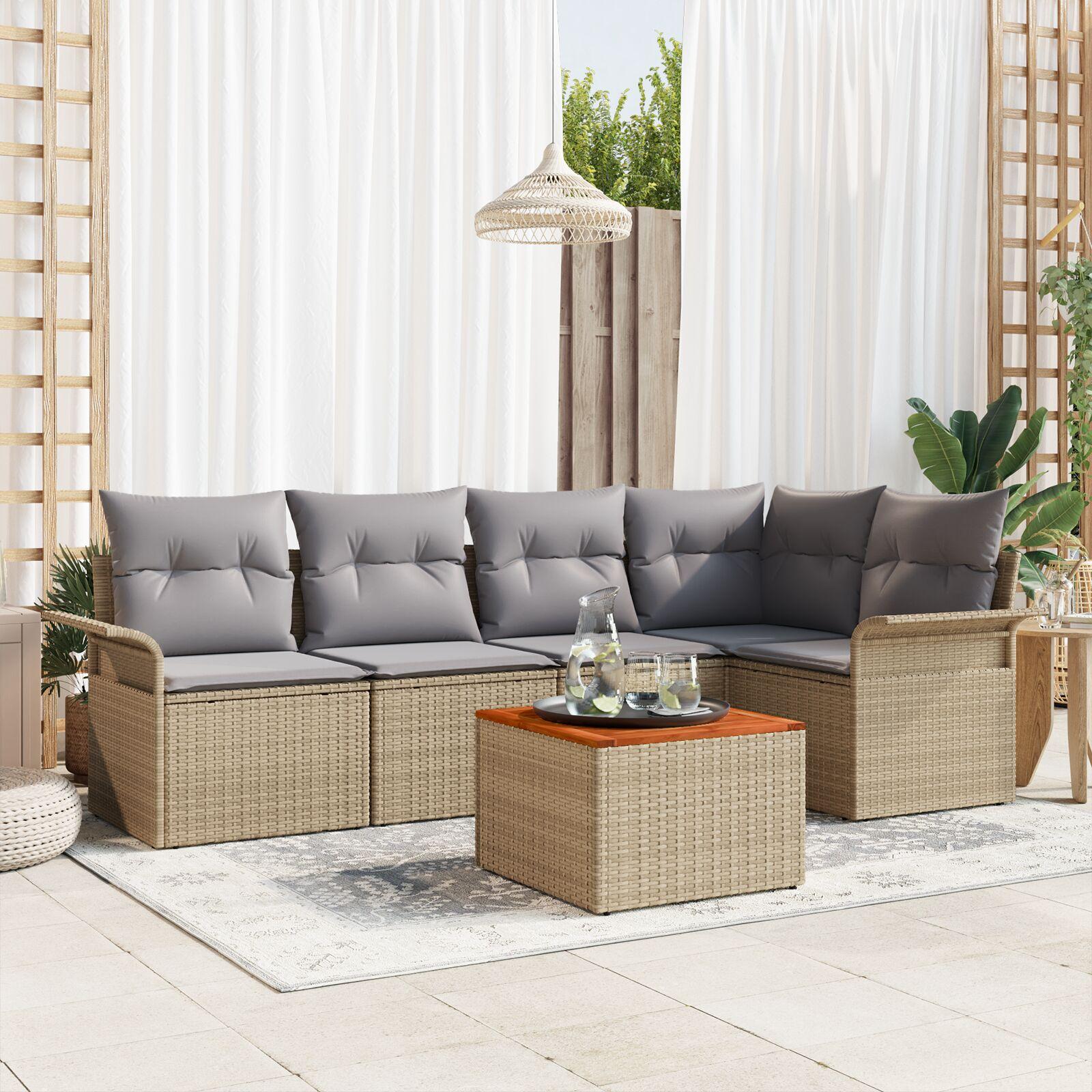 6 Deles Have Sofa Sæt med Hynder Beige Poly Rattan Akacie