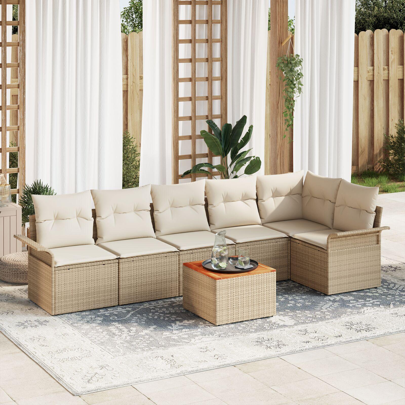 7 Delt Have Sofa Sæt med Hynder Beige Poly Rattan Acacia