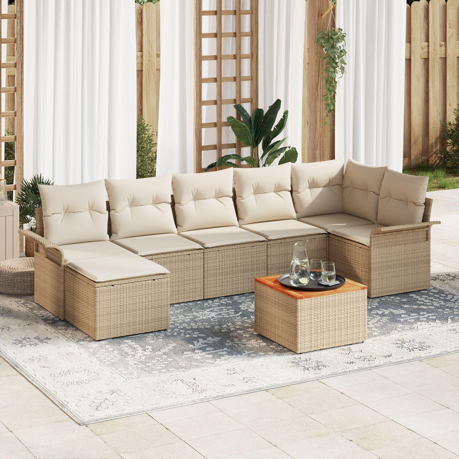 8-delt have sofa sæt med puder beige poly rattan akacia