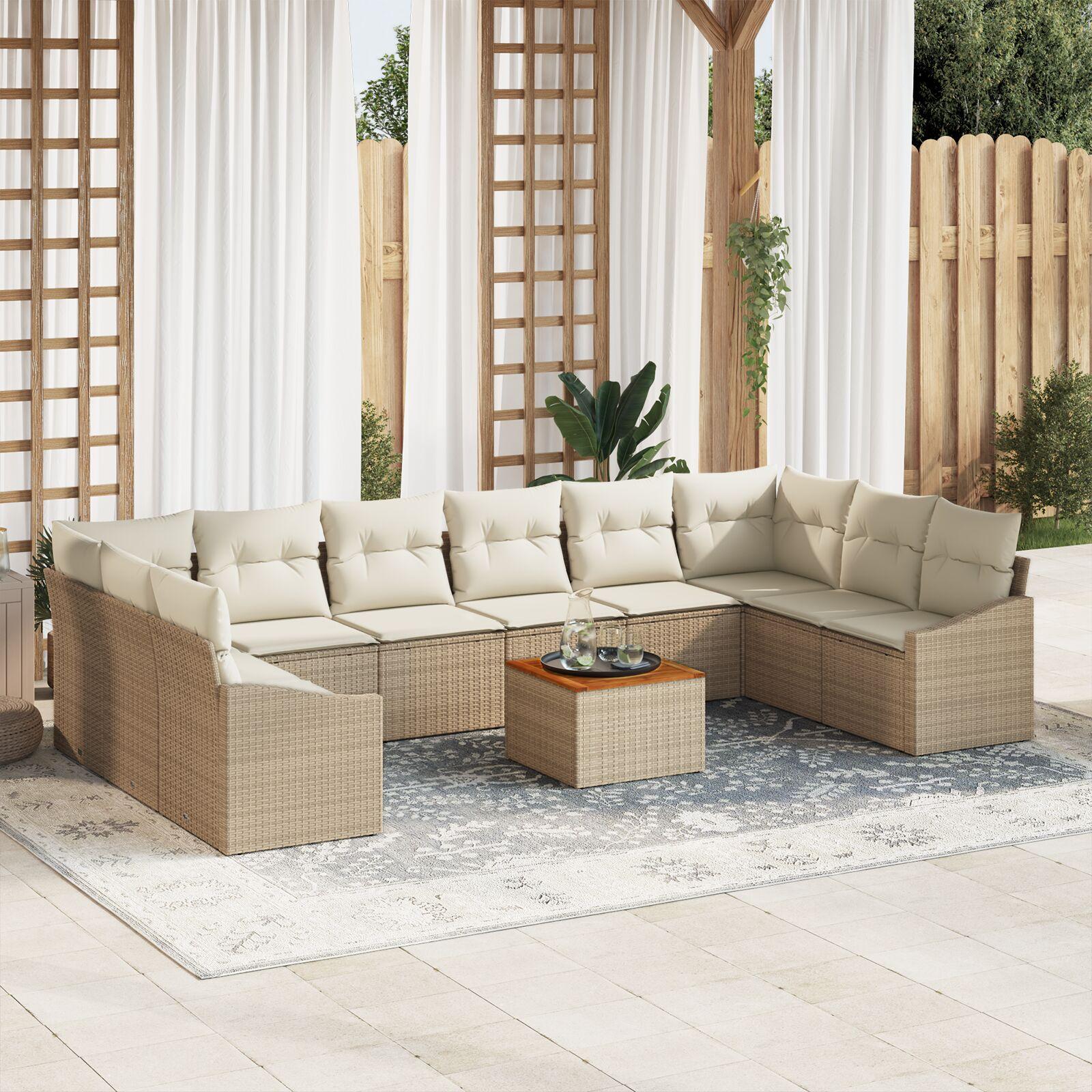 11 Delers Have Sofa Set med Hynder Beige Poly Rattan Akacietræ