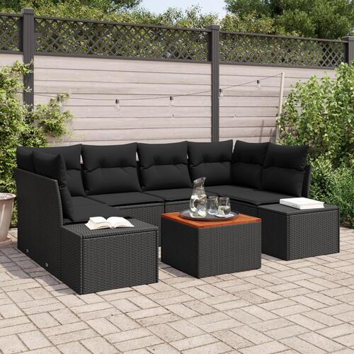 7 Delt Have Sofa Sæt med Puder Sort Poly Rattan Akacia