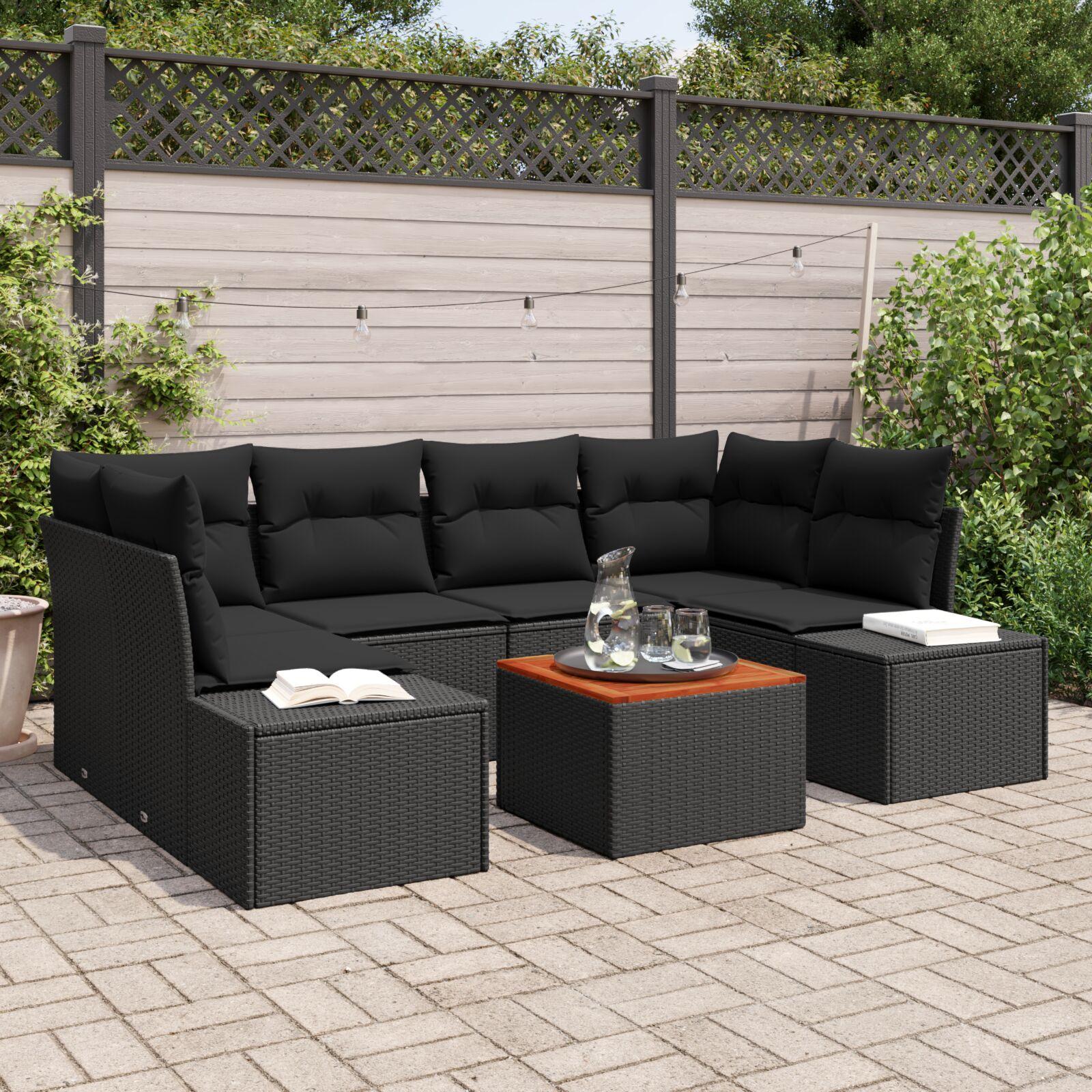 7 Delt Have Sofa Sæt med Puder Sort Poly Rattan Akacia