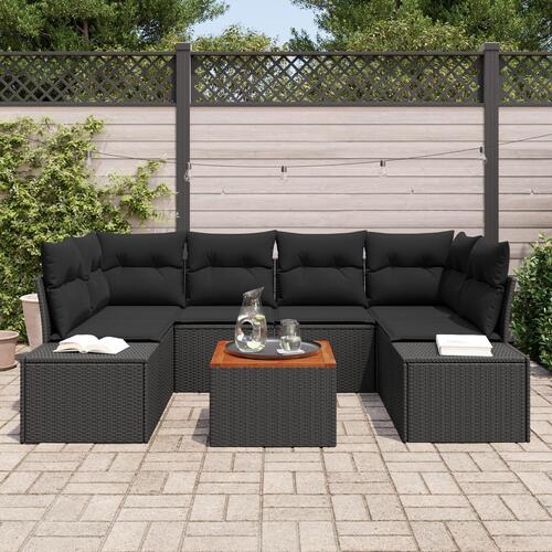 7 Delt Have Sofa Sæt med Puder Sort Poly Rattan Akacia