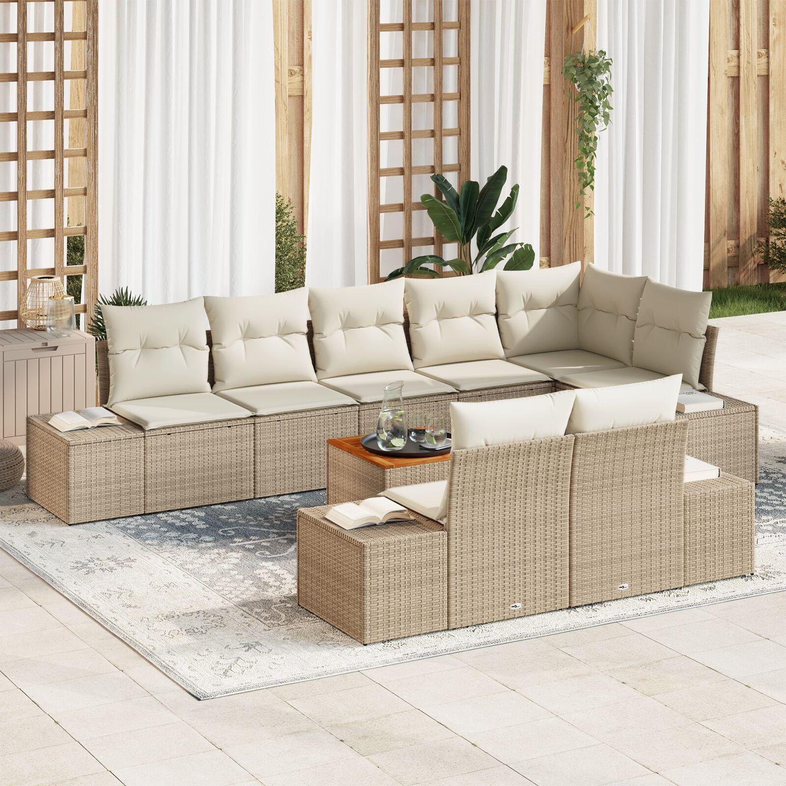 9-delers Have Sofa Sæt med Hynder Beige Polyrattan Acacia