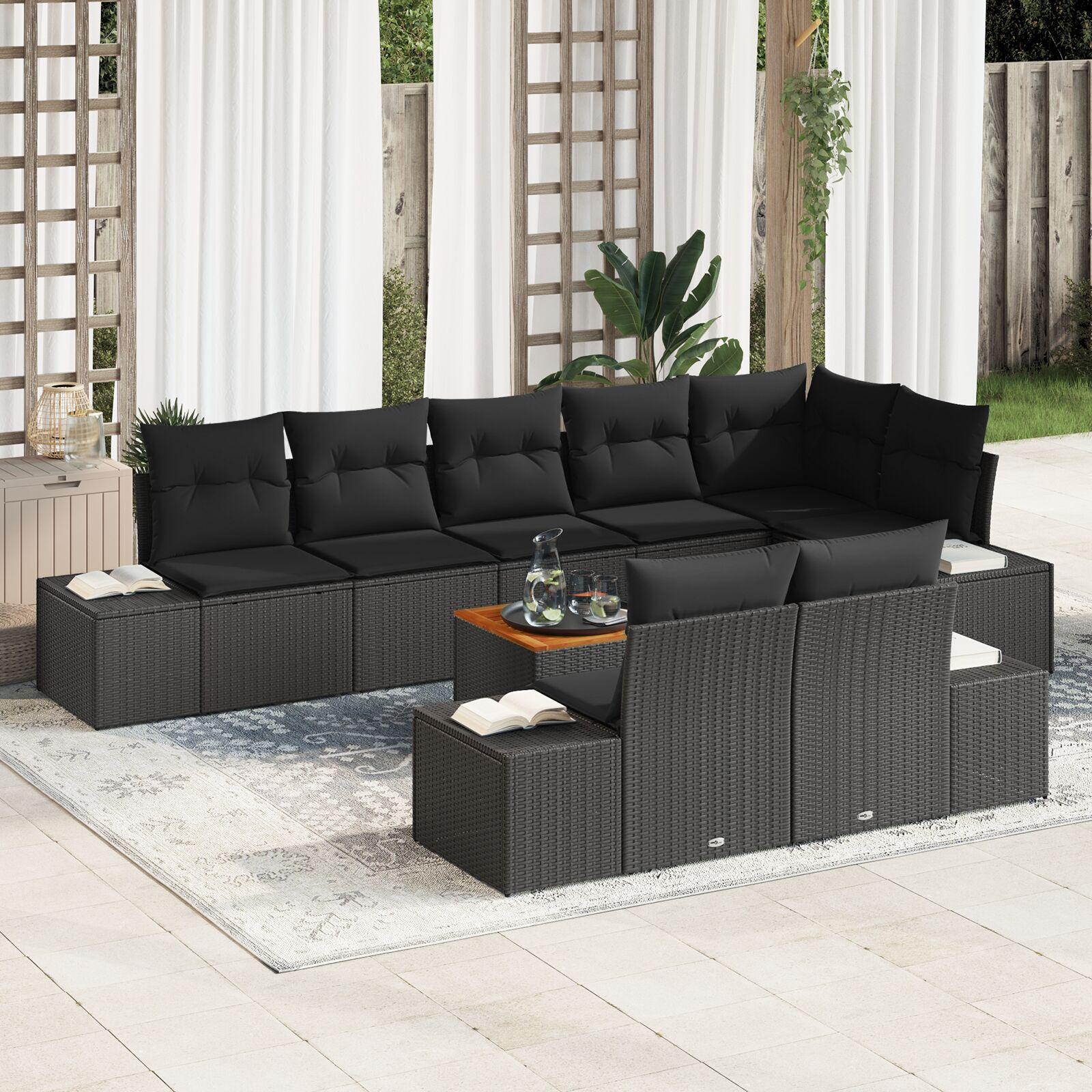 9 Piece Havesofa Set med Hynder Sort Poly Rattan Akacietræ