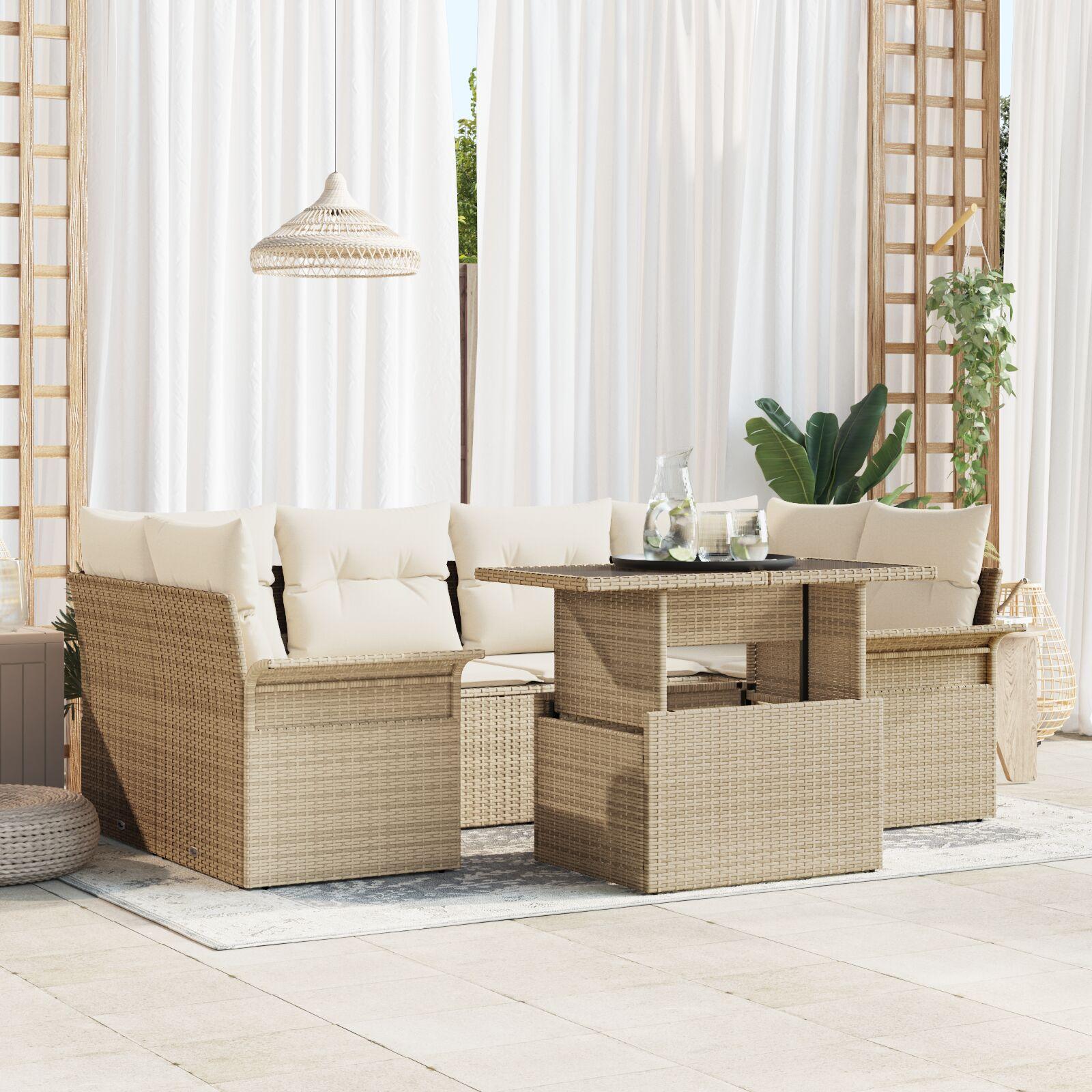 7 Del Havemøbel Sæt med Puder Beige Poly Rattan