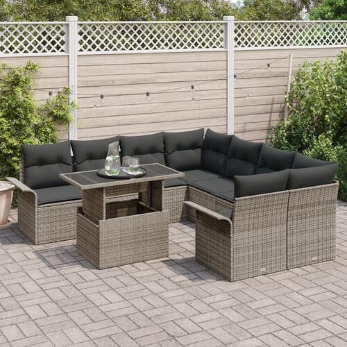 9 Stykker Have Sofa Sæt med Pudebetræk Grå Poly Rattan